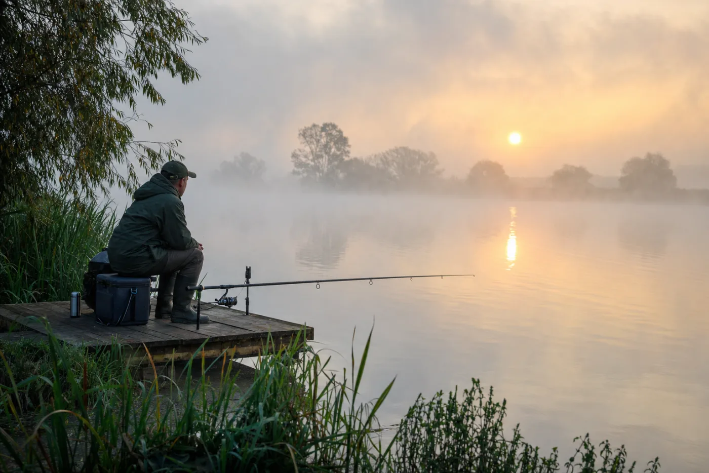 An angler on a wooden platform at the edge of a lake at dawn