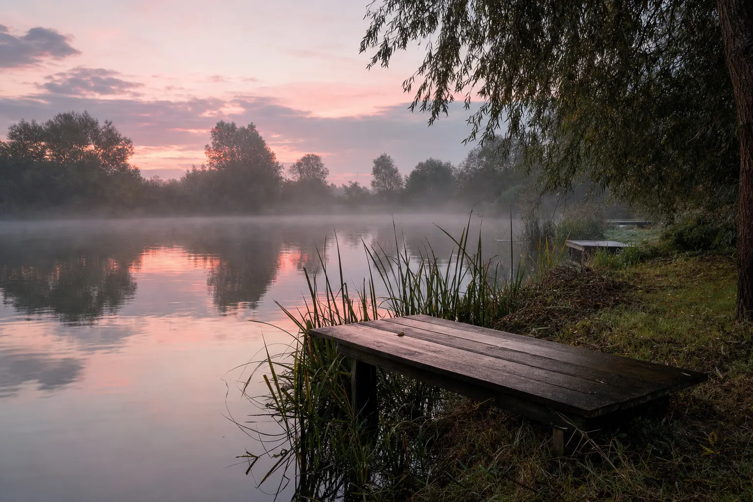 A still lake at dawn with mist over the water and wooden fishing platforms